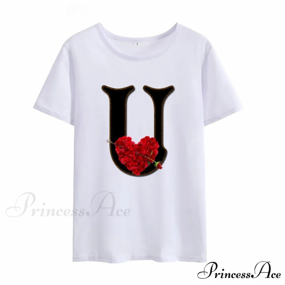 Flower Letter Font Short Sleeve Ladies T-Shirt U / S