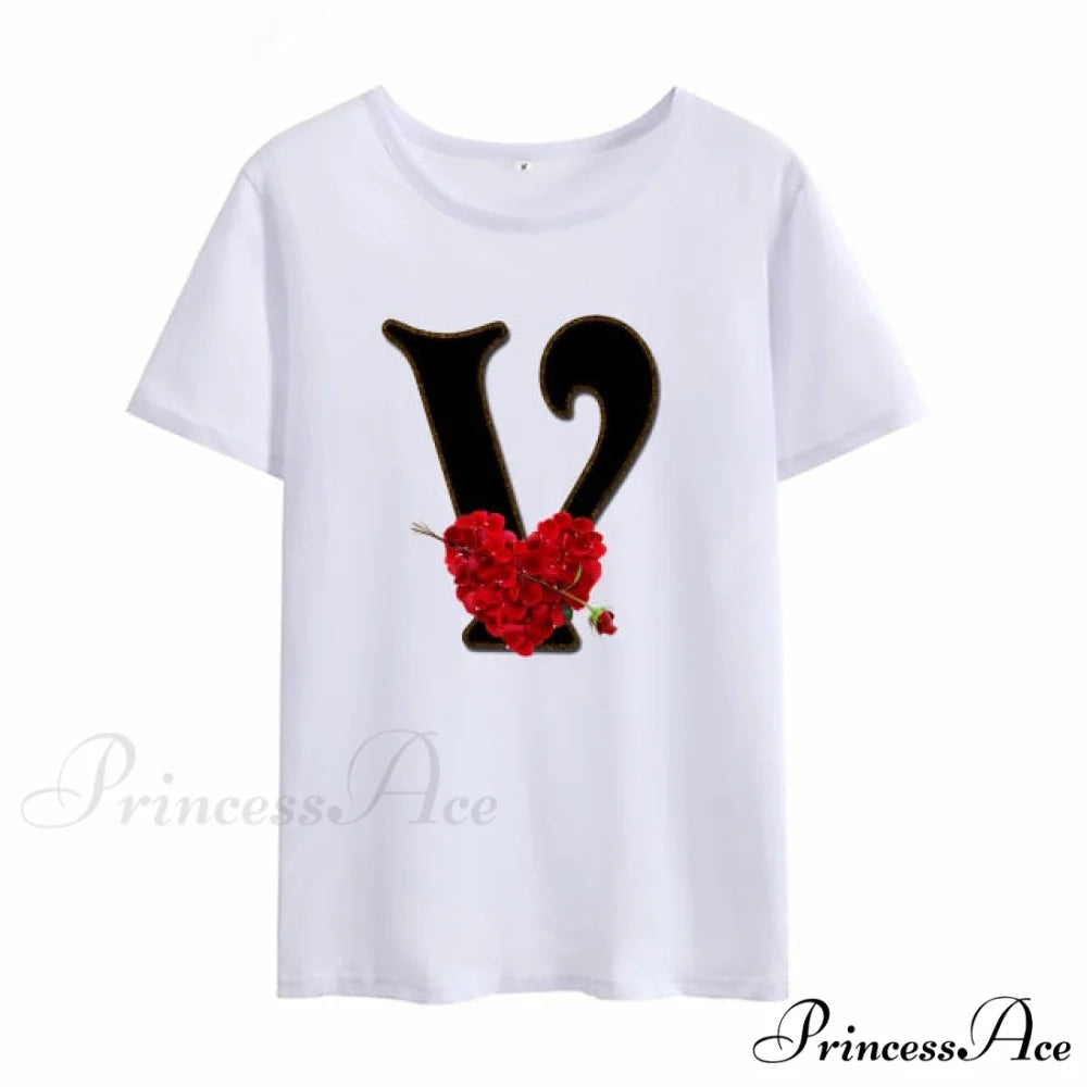Flower Letter Font Short Sleeve Ladies T-Shirt V / XXXL