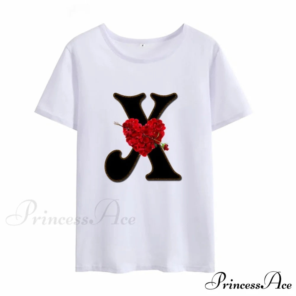 Flower Letter Font Short Sleeve Ladies T-Shirt X / XXXL