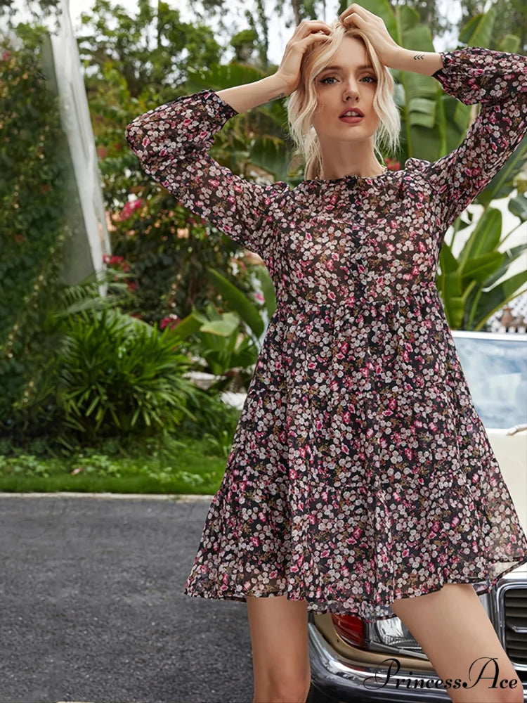 Flower O-neck Mini Celebration Flower Dress oldfloraldress-250126