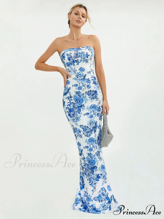 Flower Off-Shoulder Tube Bandeau Slit Bodycon Beach Vacation Flower Dress BLUE / S floraldress-250126