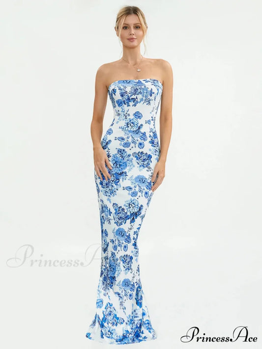 Flower Off-Shoulder Tube Bandeau Slit Bodycon Beach Vacation Flower Dress floraldress-250126
