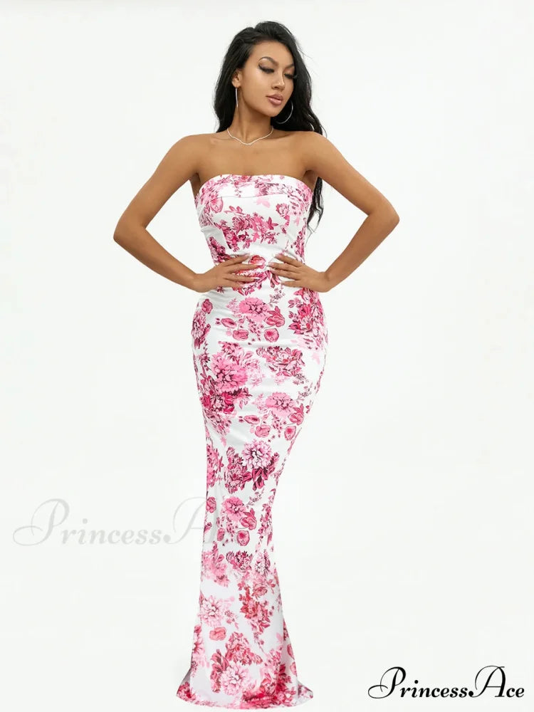 Flower Off-Shoulder Tube Bandeau Slit Bodycon Beach Vacation Flower Dress floraldress-250126