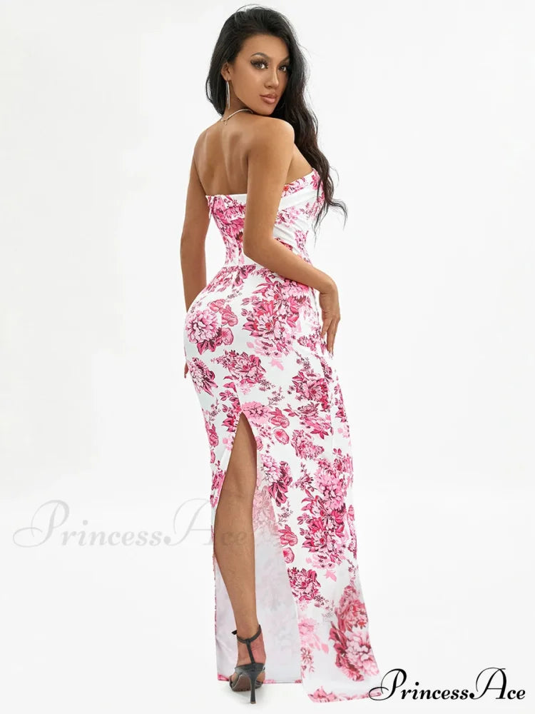 Flower Off-Shoulder Tube Bandeau Slit Bodycon Beach Vacation Flower Dress floraldress-250126