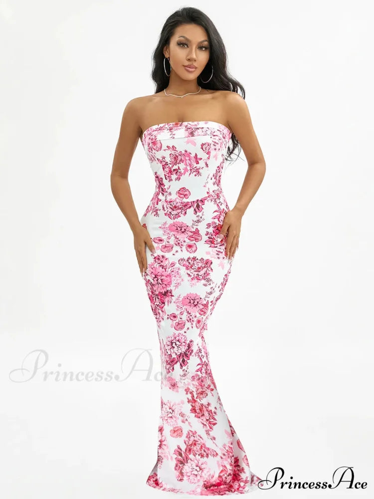 Flower Off-Shoulder Tube Bandeau Slit Bodycon Beach Vacation Flower Dress PINK / S floraldress-250126