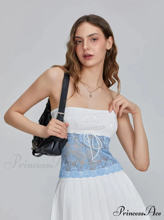 Flower Patchwork Bow Tie Front Off-shoulder Bandeau Top Blue / S croptop-250126