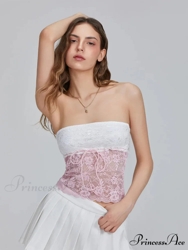 Flower Patchwork Bow Tie Front Off-shoulder Bandeau Top croptop-250126