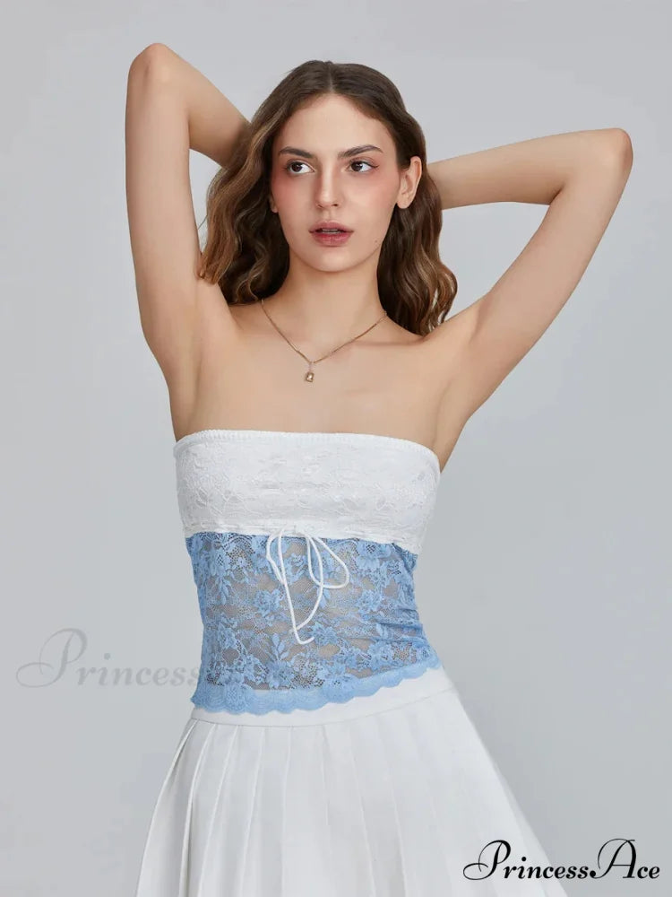 Flower Patchwork Bow Tie Front Off-shoulder Bandeau Top croptop-250126