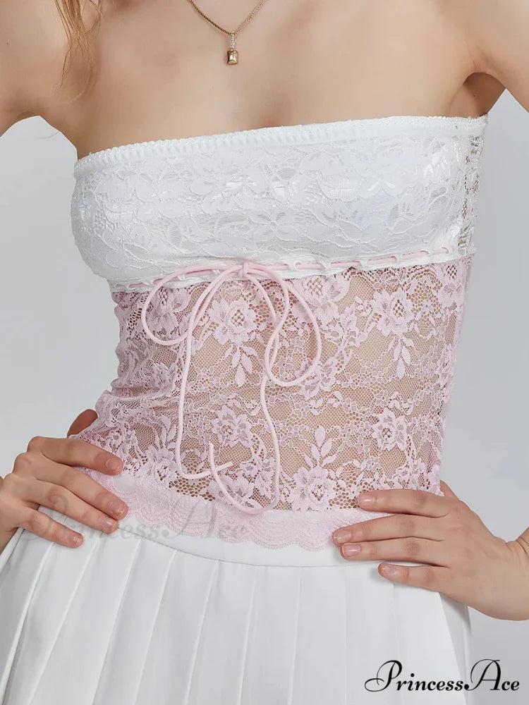 Flower Patchwork Bow Tie Front Off-shoulder Bandeau Top croptop-250126