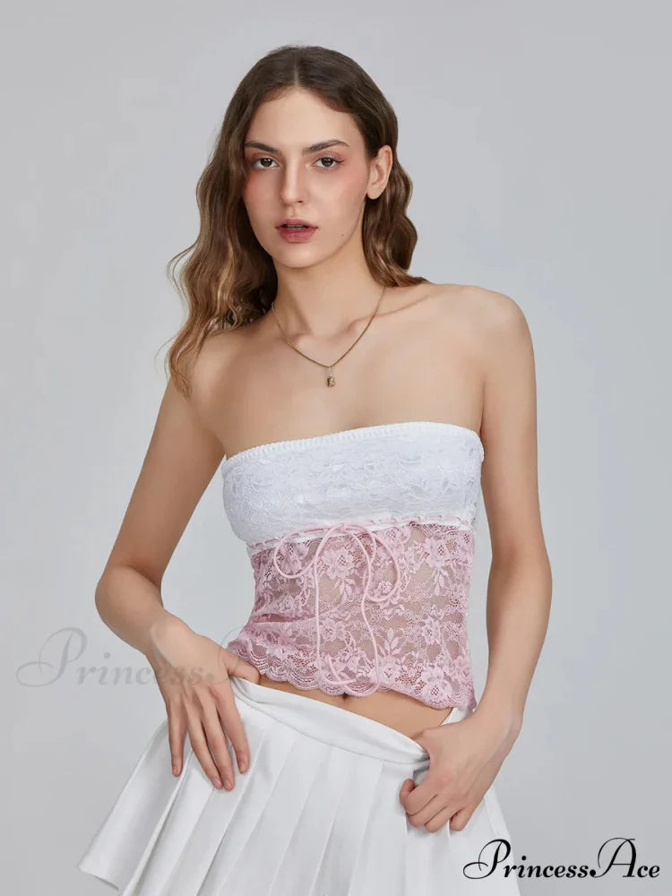 Flower Patchwork Bow Tie Front Off-shoulder Bandeau Top croptop-250126
