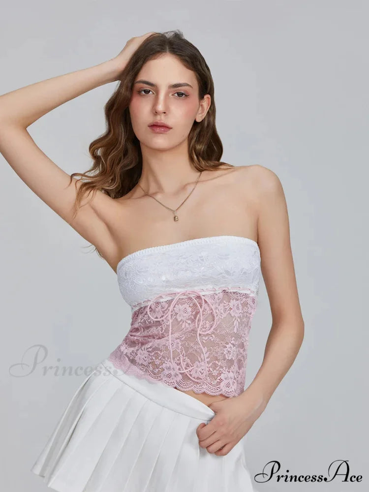Flower Patchwork Bow Tie Front Off-shoulder Bandeau Top Pink / S croptop-250126