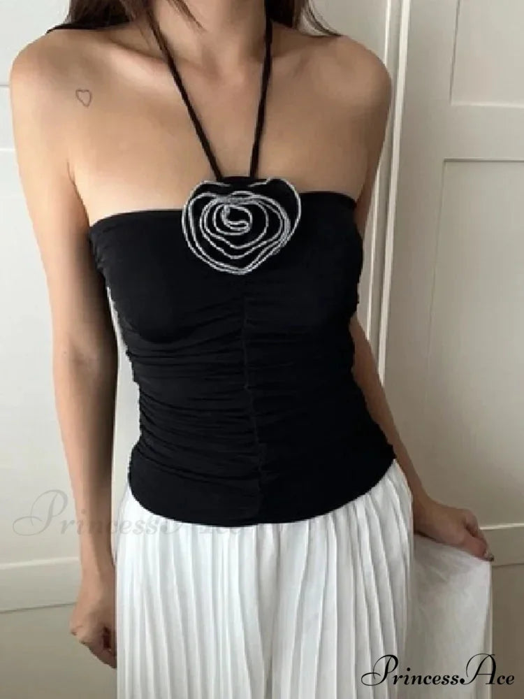 Flower Patchwork halter Tubes Off Shoulder Backless Tank 2024 Sexy Women Off Shoulder Ruched Black Mini Vests Tank top