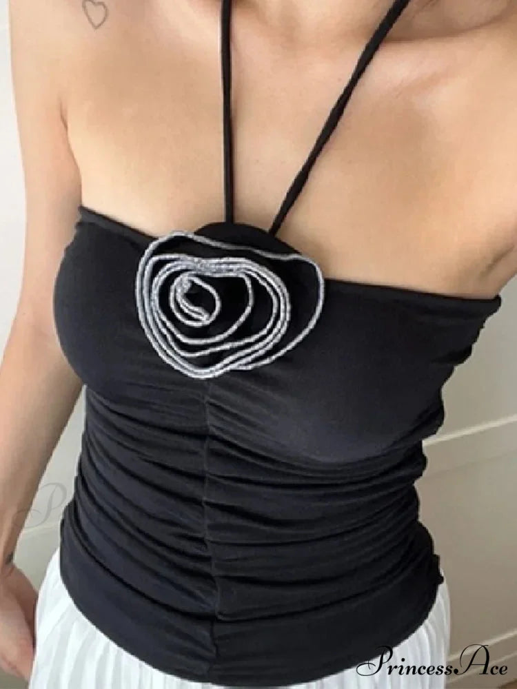 Flower Patchwork halter Tubes Off Shoulder Backless Tank 2024 Sexy Women Off Shoulder Ruched Black Mini Vests Tank top