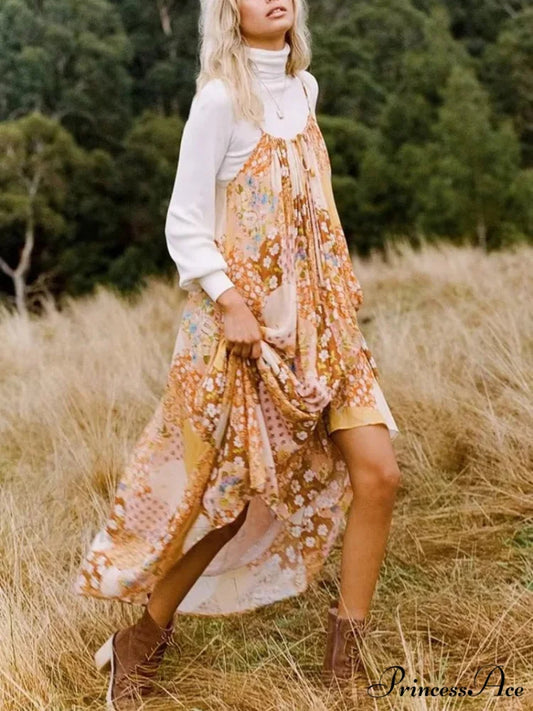 Flower Pattern Bandeau A-line Rayon Seaside Summer Maxi Boho Dress Orange / S bohodress-250126
