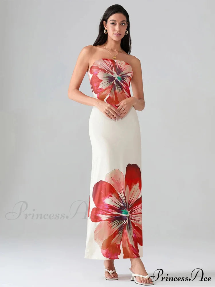 Flower Pattern Bandeau Strapless Wrap Flower Dress floraldress-250126
