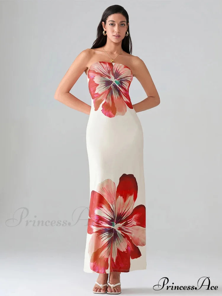 Flower Pattern Bandeau Strapless Wrap Flower Dress floraldress-250126