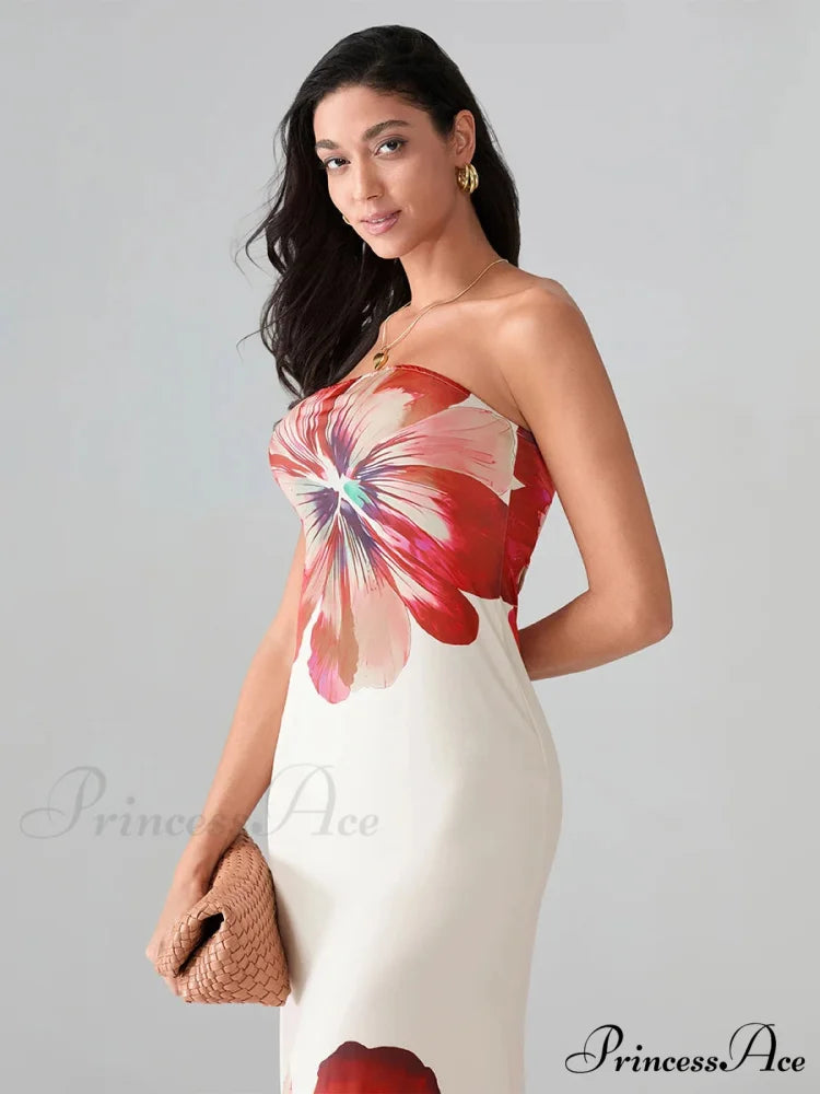 Flower Pattern Bandeau Strapless Wrap Flower Dress floraldress-250126