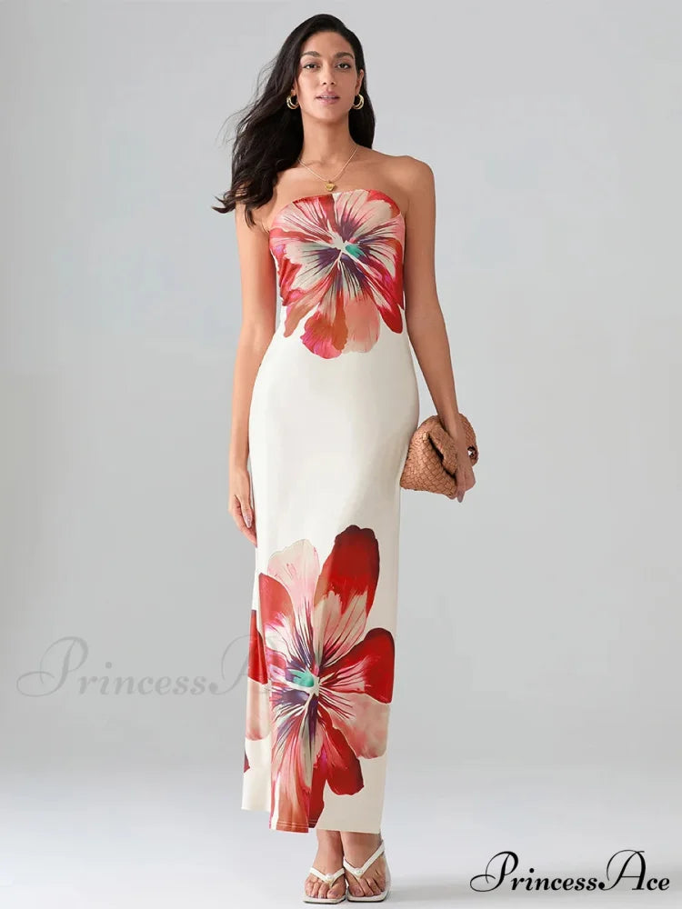 Flower Pattern Bandeau Strapless Wrap Flower Dress floraldress-250126