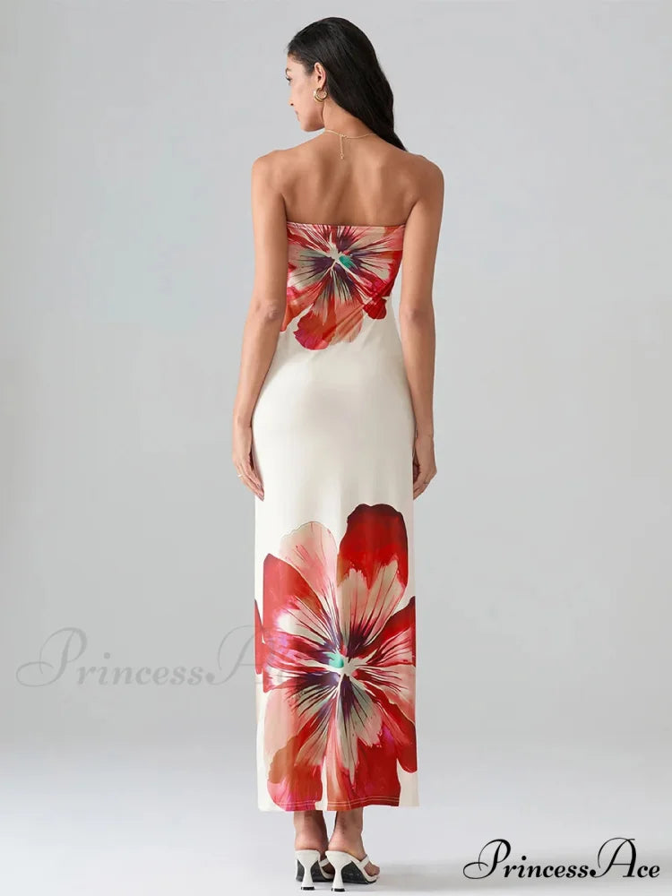 Flower Pattern Bandeau Strapless Wrap Flower Dress floraldress-250126