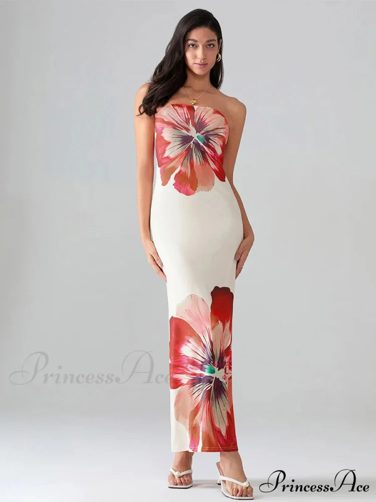 Flower Pattern Bandeau Strapless Wrap Flower Dress WHITE / S floraldress-250126