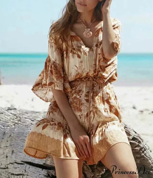 Flower Pattern Bands Stretchy Waist Bell Sleeve Short Bohemian Dress Yellow / S bohodress-250126