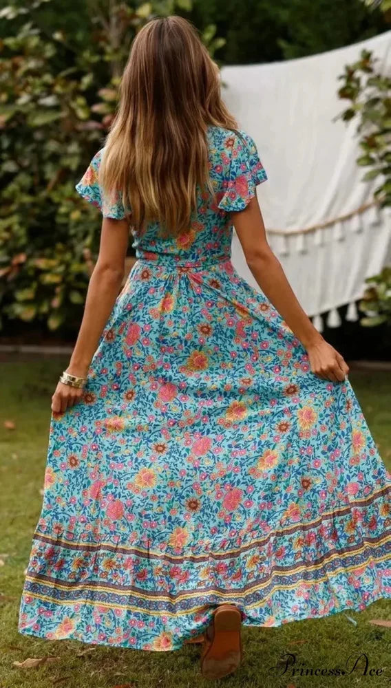 Flower Pattern Bat Sleeve Belts Wrap Long Boho Cover-ups bohodress-250126