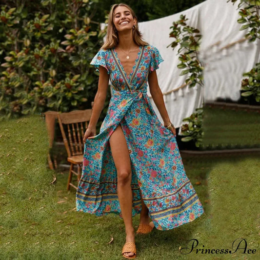 Flower Pattern Bat Sleeve Belts Wrap Long Boho Cover-ups Green / S bohodress-250126