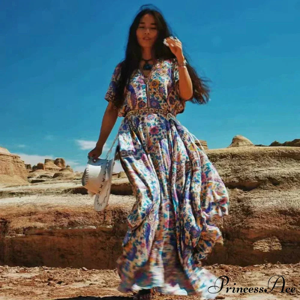 Flower Pattern Bat Sleeve V-neck Fringe Maxi Rayon Boho Dress bohodress-250126