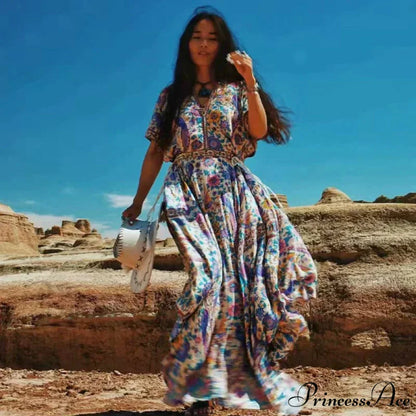 Flower Pattern Bat Sleeve V-neck Fringe Maxi Rayon Boho Dress bohodress-250126