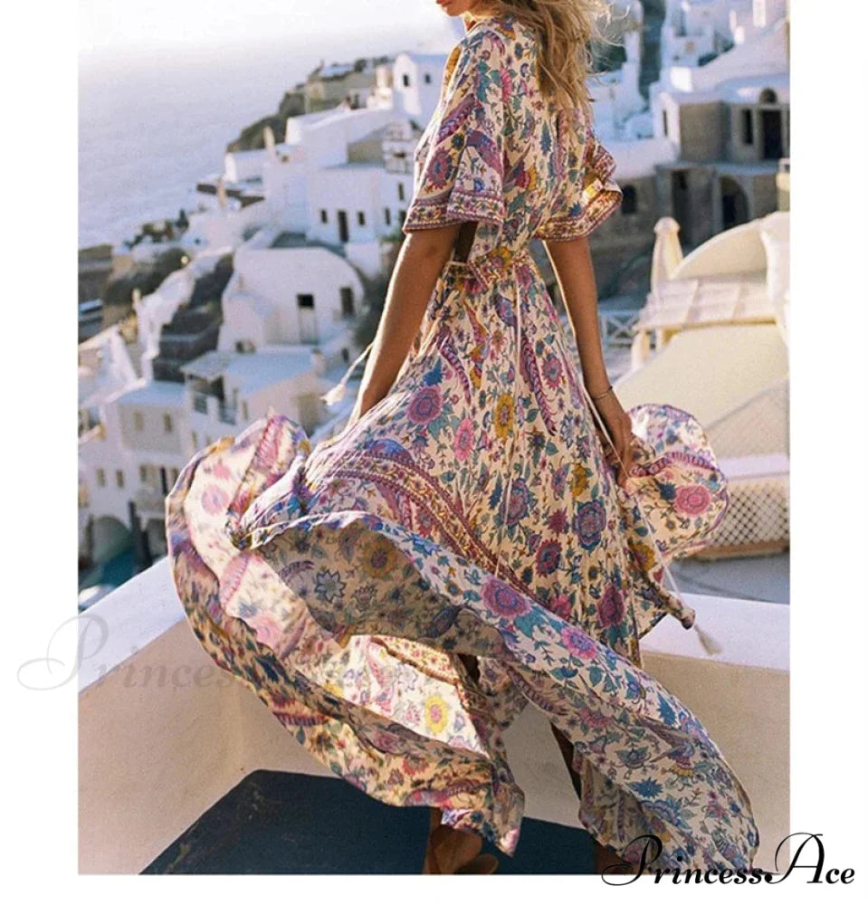 Flower Pattern Bat Sleeve V-neck Fringe Maxi Rayon Boho Dress bohodress-250126