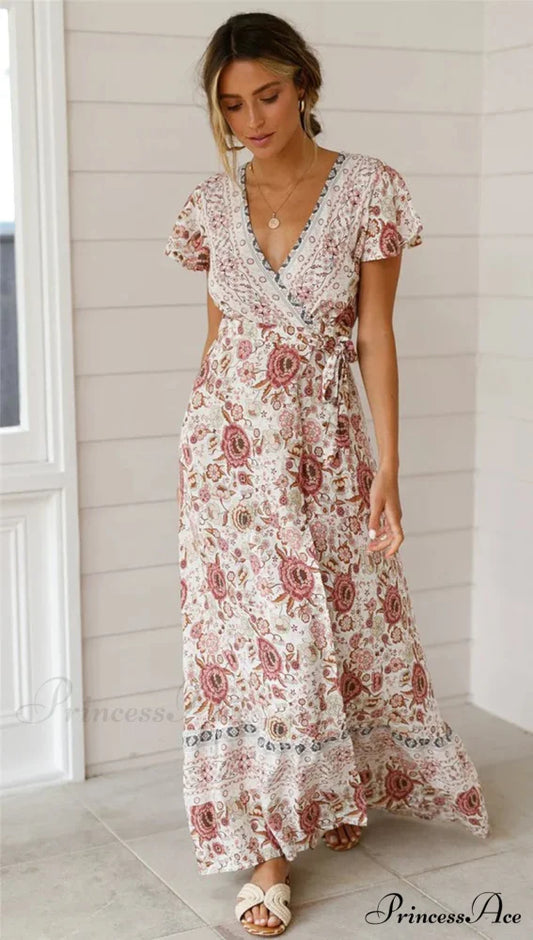 Flower Pattern Bat Sleeve Wrap V-neck Long Boho Dress Beige / S bohodress-250126