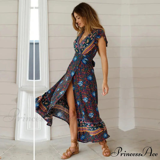 Flower Pattern Bat Sleeve Wrap V-neck Long Boho Dress bohodress-250126