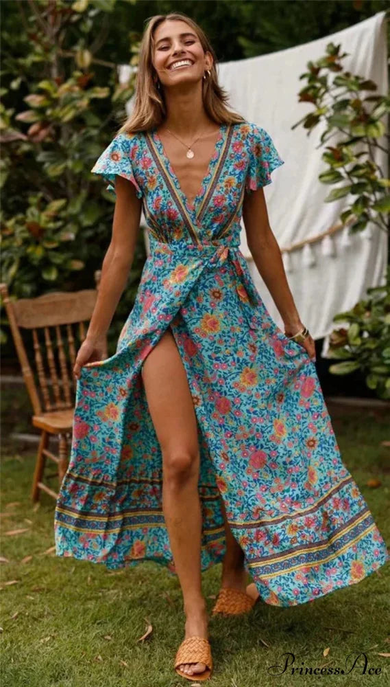 Flower Pattern Bat Sleeve Wrap V-neck Long Boho Dress Green / S bohodress-250126