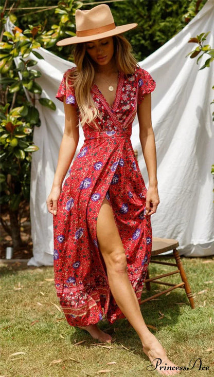 Flower Pattern Bat Sleeve Wrap V-neck Long Boho Dress Red / S bohodress-250126