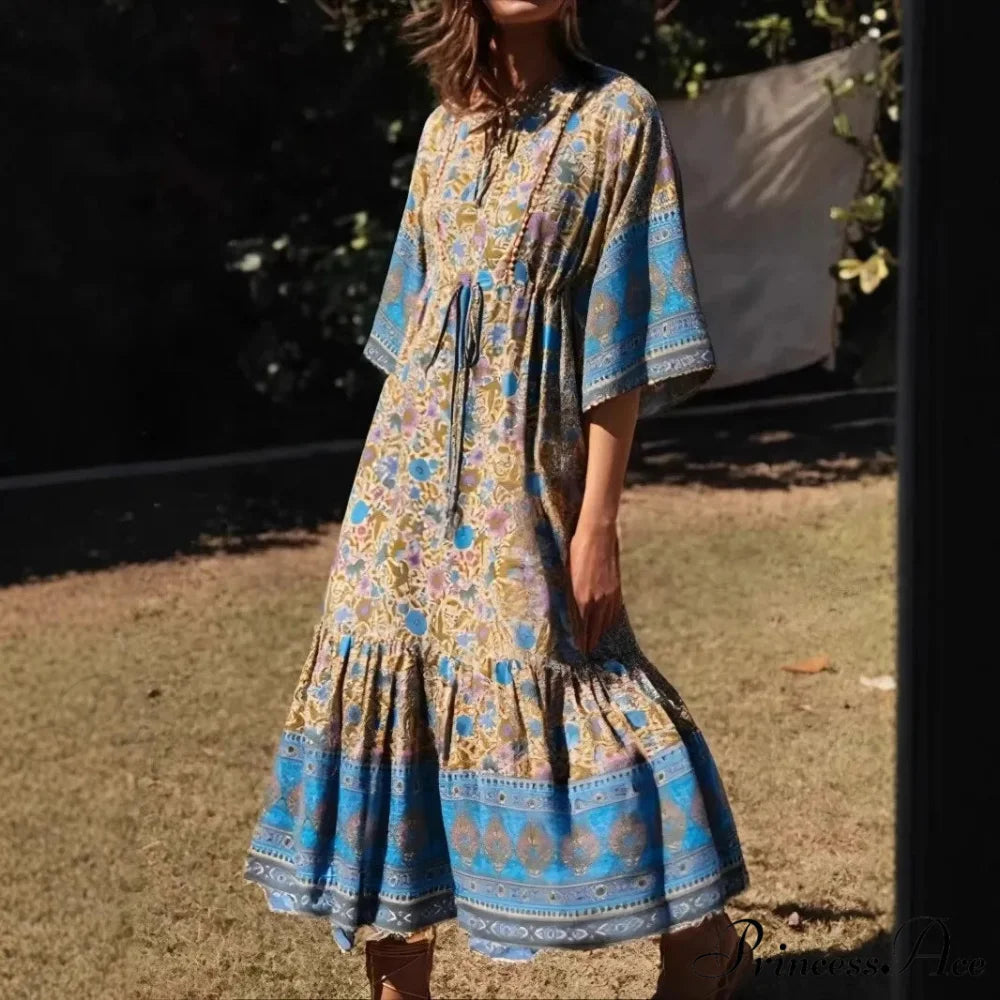 Flower Pattern Batwing Sleeve Fringe Rayon Long Boho Dress Blue / S bohodress-250126