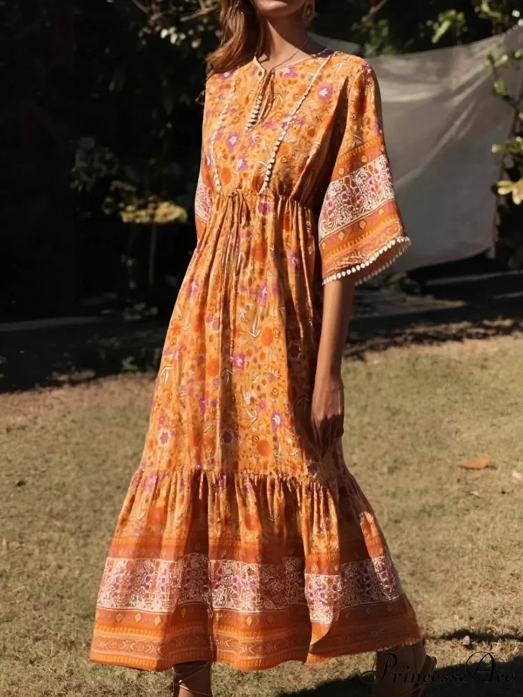 Flower Pattern Batwing Sleeve Fringe Rayon Long Boho Dress Brown / S bohodress-250126