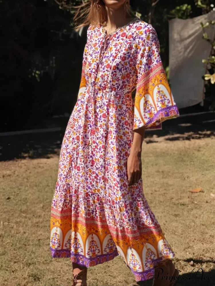 Flower Pattern Batwing Sleeve Fringe Rayon Long Boho Dress Pink / S bohodress-250126