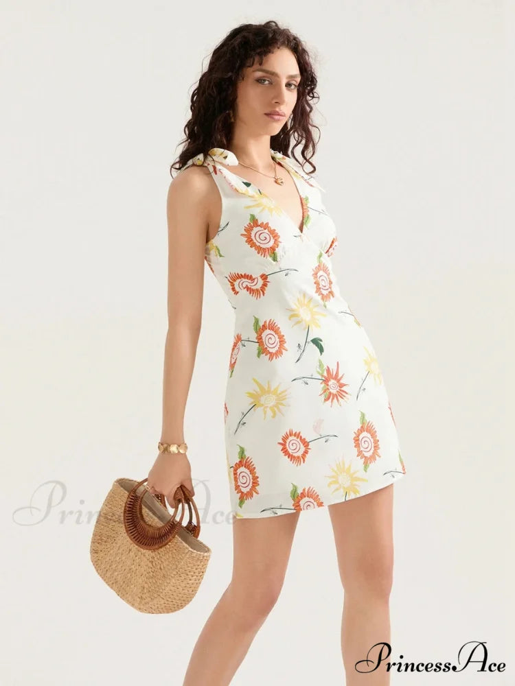 Flower Pattern Bound Shoulder Open Back Sleeveless Mini Holiday Flower Dress floraldress-250126