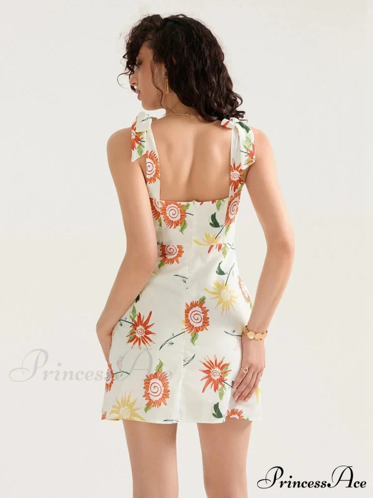 Flower Pattern Bound Shoulder Open Back Sleeveless Mini Holiday Flower Dress floraldress-250126