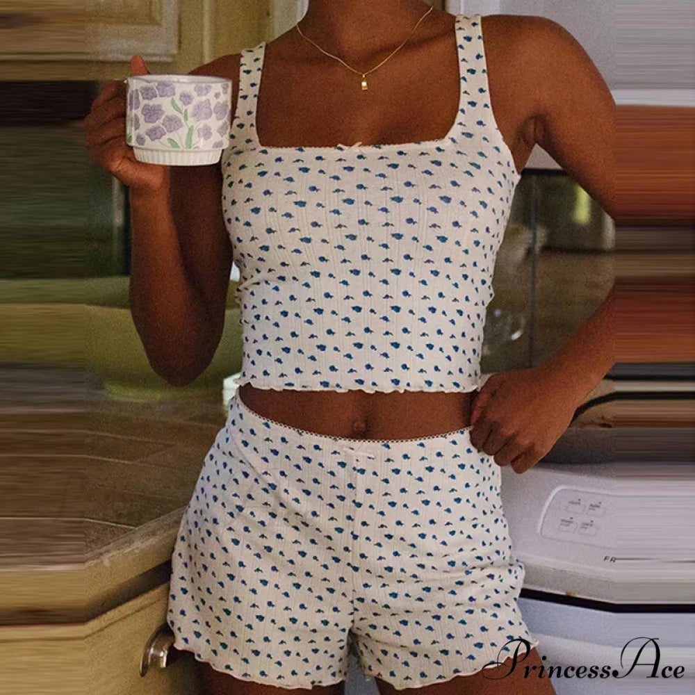 Flower Pattern Bow Detail Sleeveless Midriff Tops Shorts Two Pieces Set black / S twopiecesset-250126