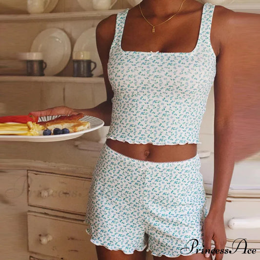 Flower Pattern Bow Detail Sleeveless Midriff Tops Shorts Two Pieces Set green / S twopiecesset-250126
