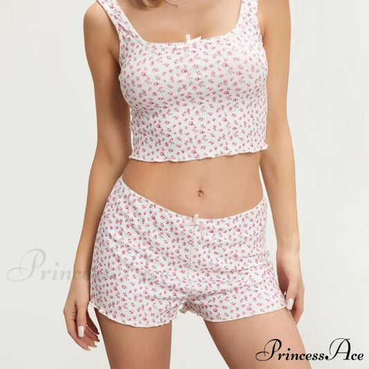 Flower Pattern Bow Detail Sleeveless Midriff Tops Shorts Two Pieces Set pink / S twopiecesset-250126