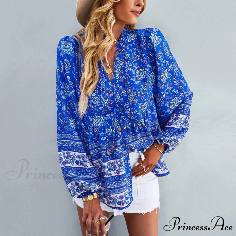 Flower Pattern Button-Up Extended Sleeve Bohemian Blouse bohoblouse-250126