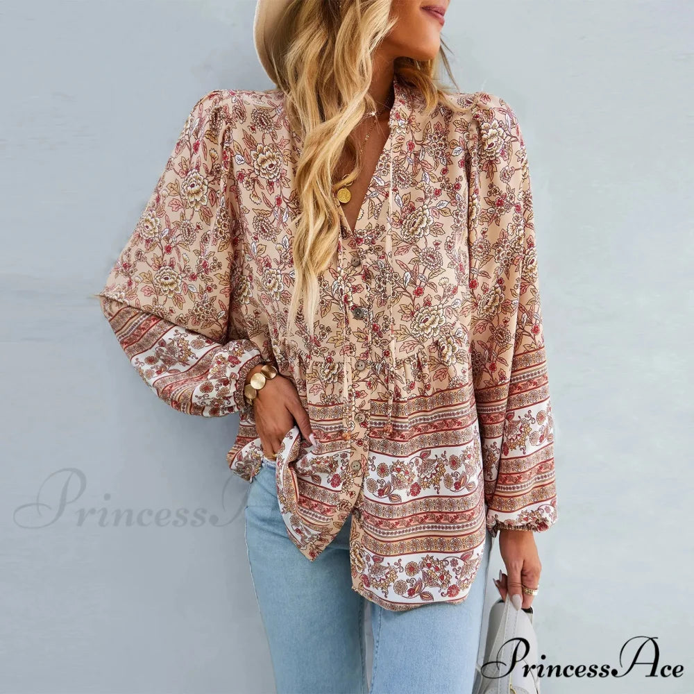 Flower Pattern Button-Up Extended Sleeve Bohemian Blouse bohoblouse-250126