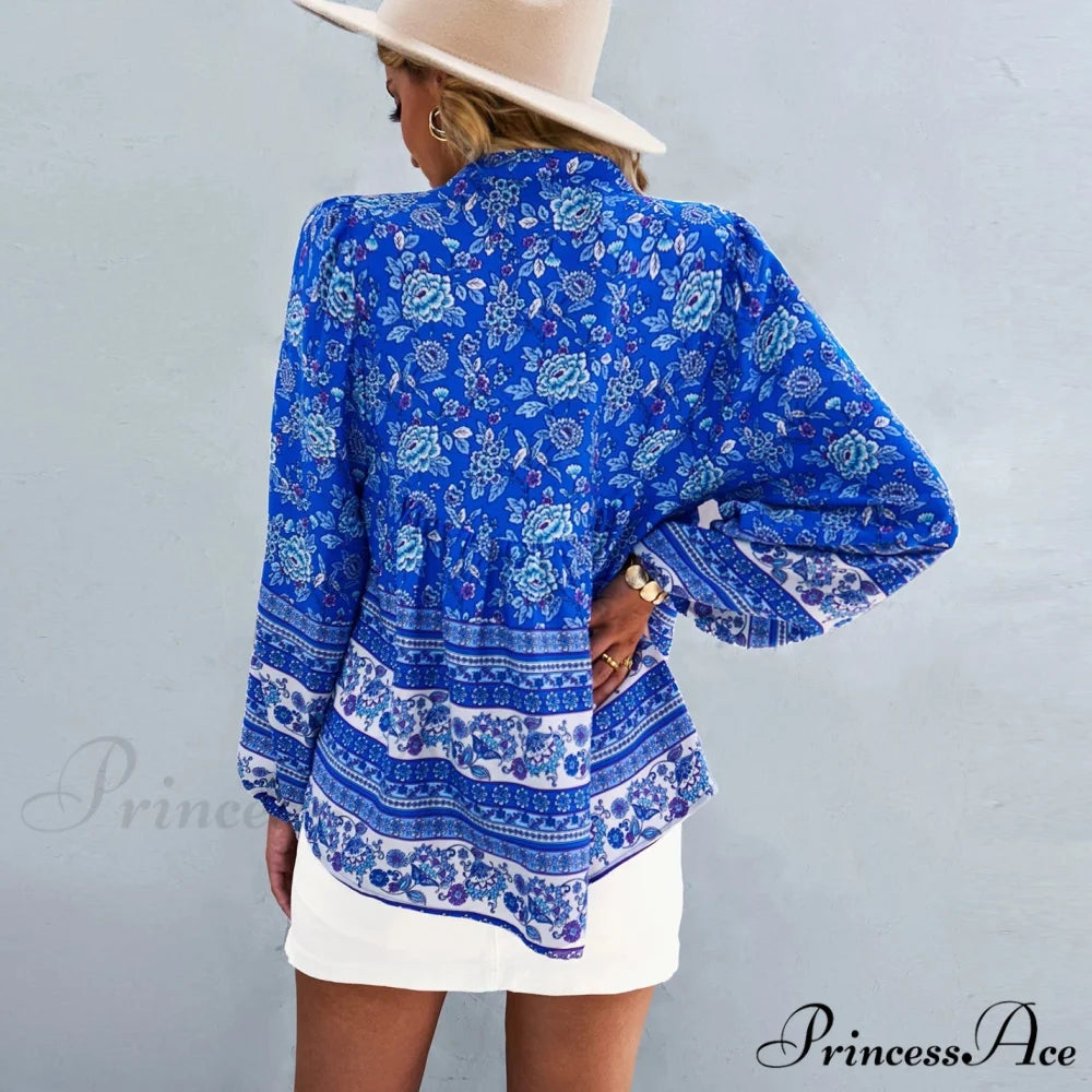 Flower Pattern Button-Up Extended Sleeve Bohemian Blouse bohoblouse-250126