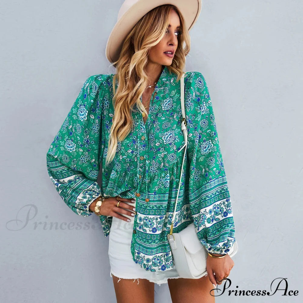 Flower Pattern Button-Up Extended Sleeve Bohemian Blouse bohoblouse-250126