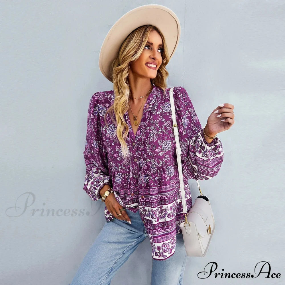 Flower Pattern Button-Up Extended Sleeve Bohemian Blouse bohoblouse-250126