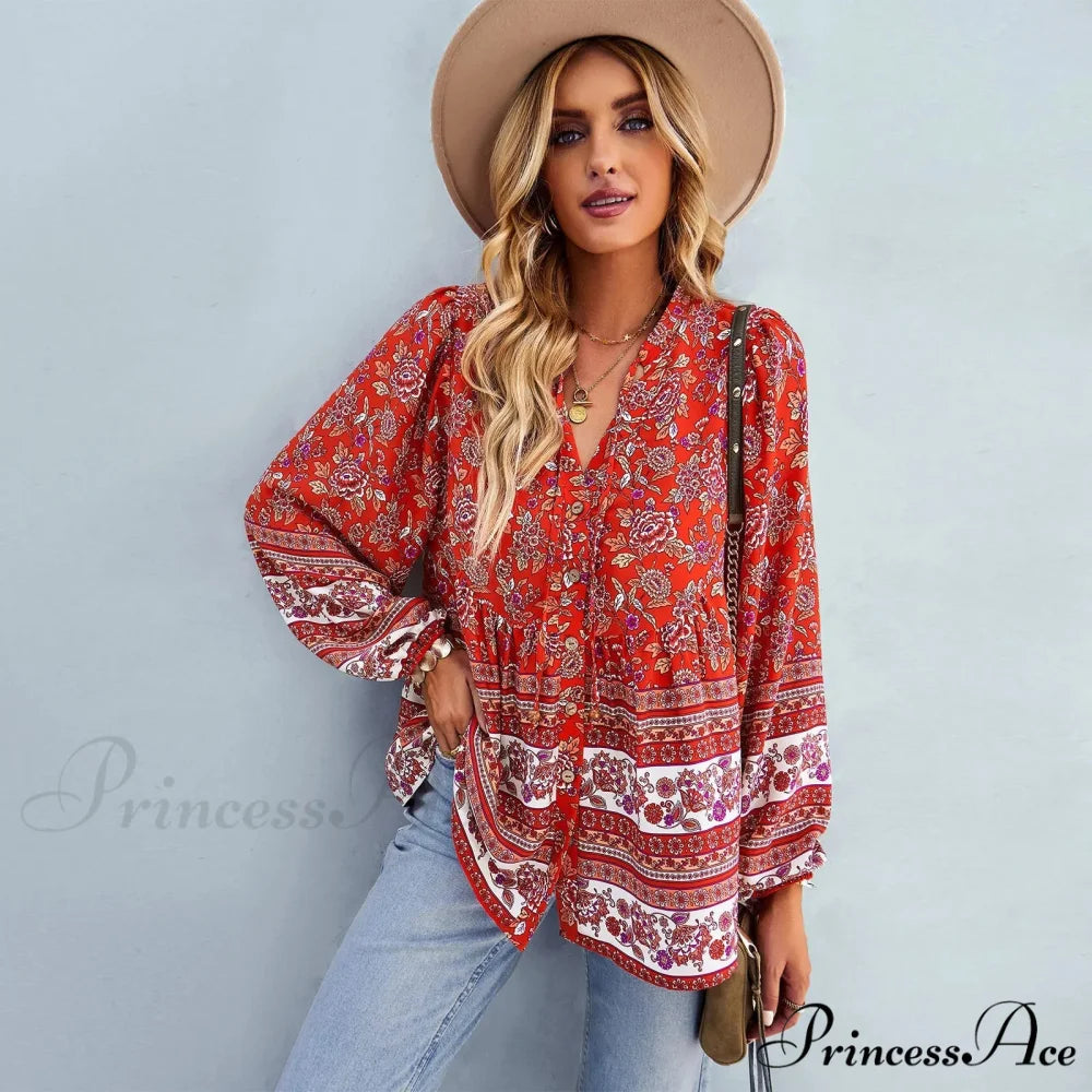 Flower Pattern Button-Up Extended Sleeve Bohemian Blouse bohoblouse-250126
