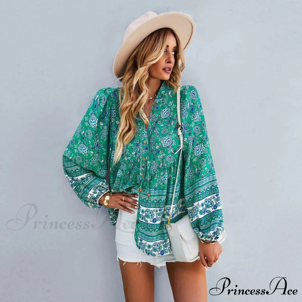 Flower Pattern Button-Up Extended Sleeve Bohemian Blouse Green / S bohoblouse-250126