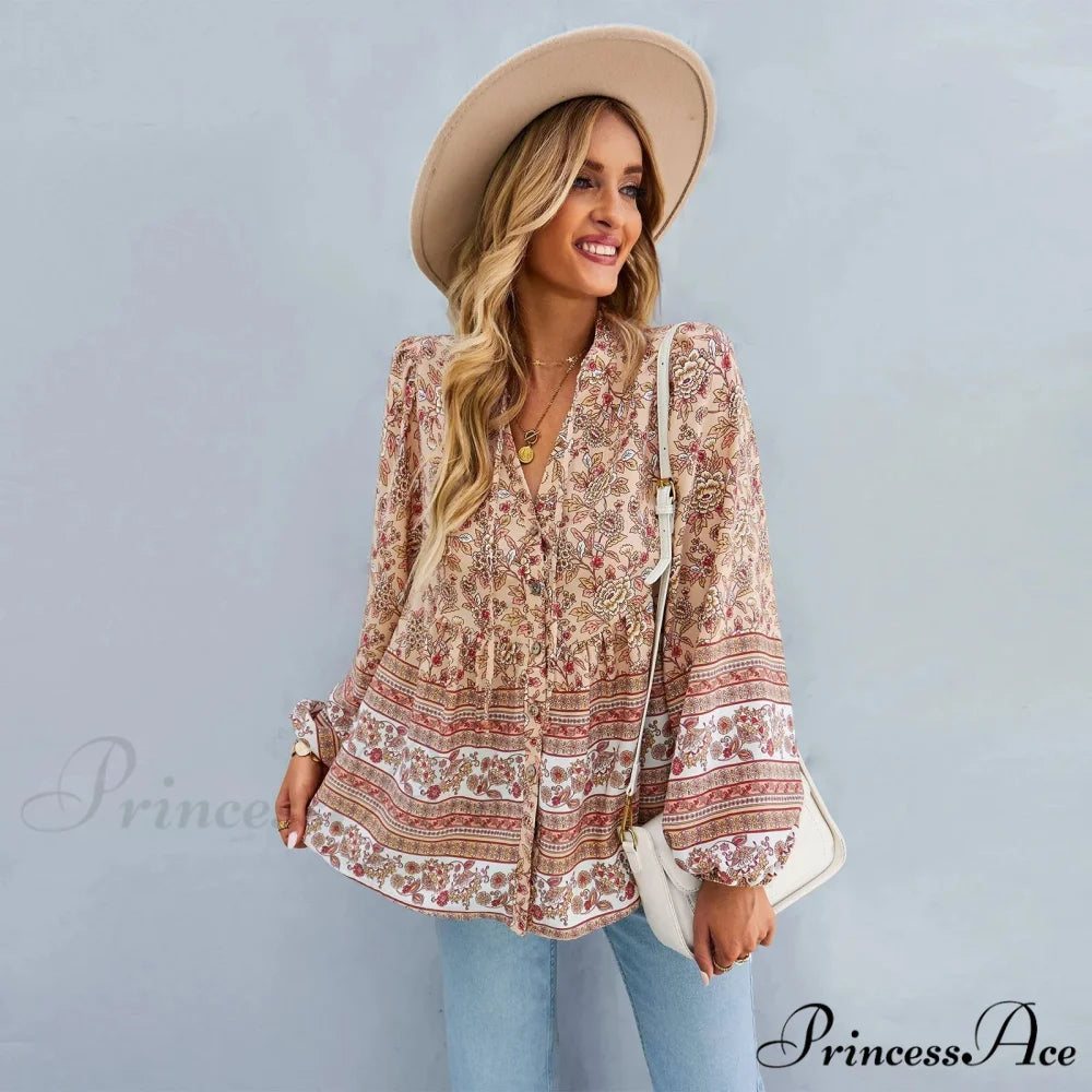 Flower Pattern Button-Up Extended Sleeve Bohemian Blouse Khaki / S bohoblouse-250126